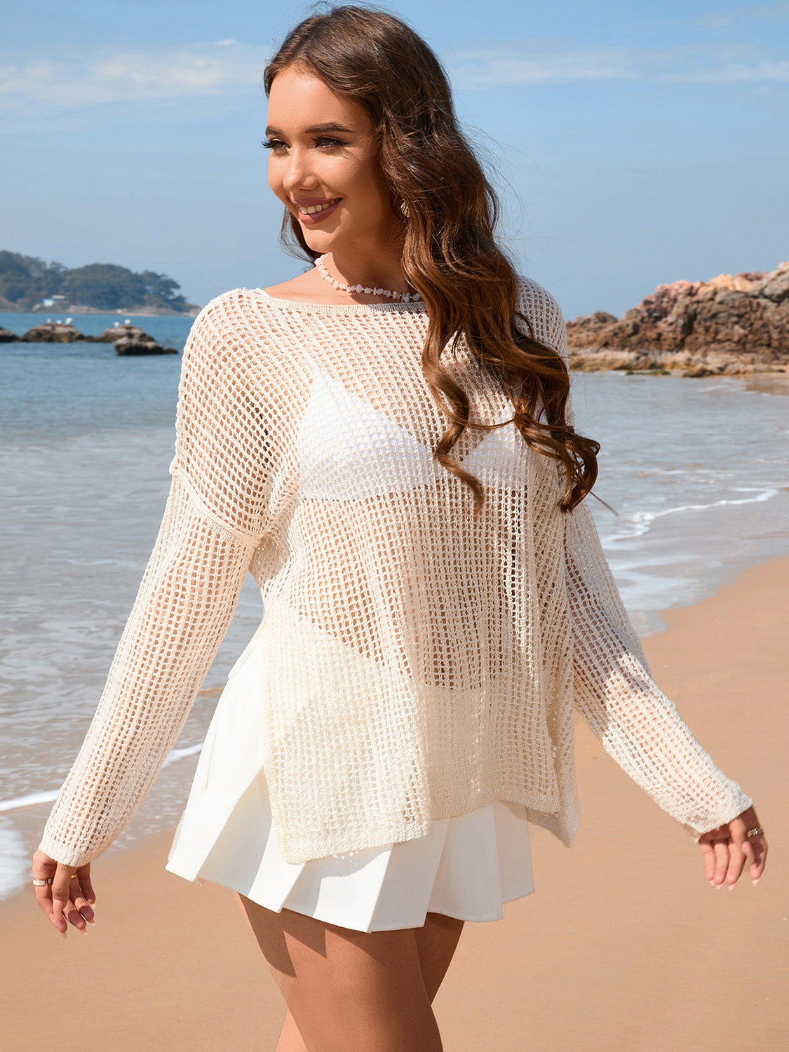 Openwork Slit Boat Neck Long Sleeve Cover-Up - Flyclothing LLC