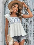 Embroidered Square Neck Cap Sleeve Blouse - Flyclothing LLC