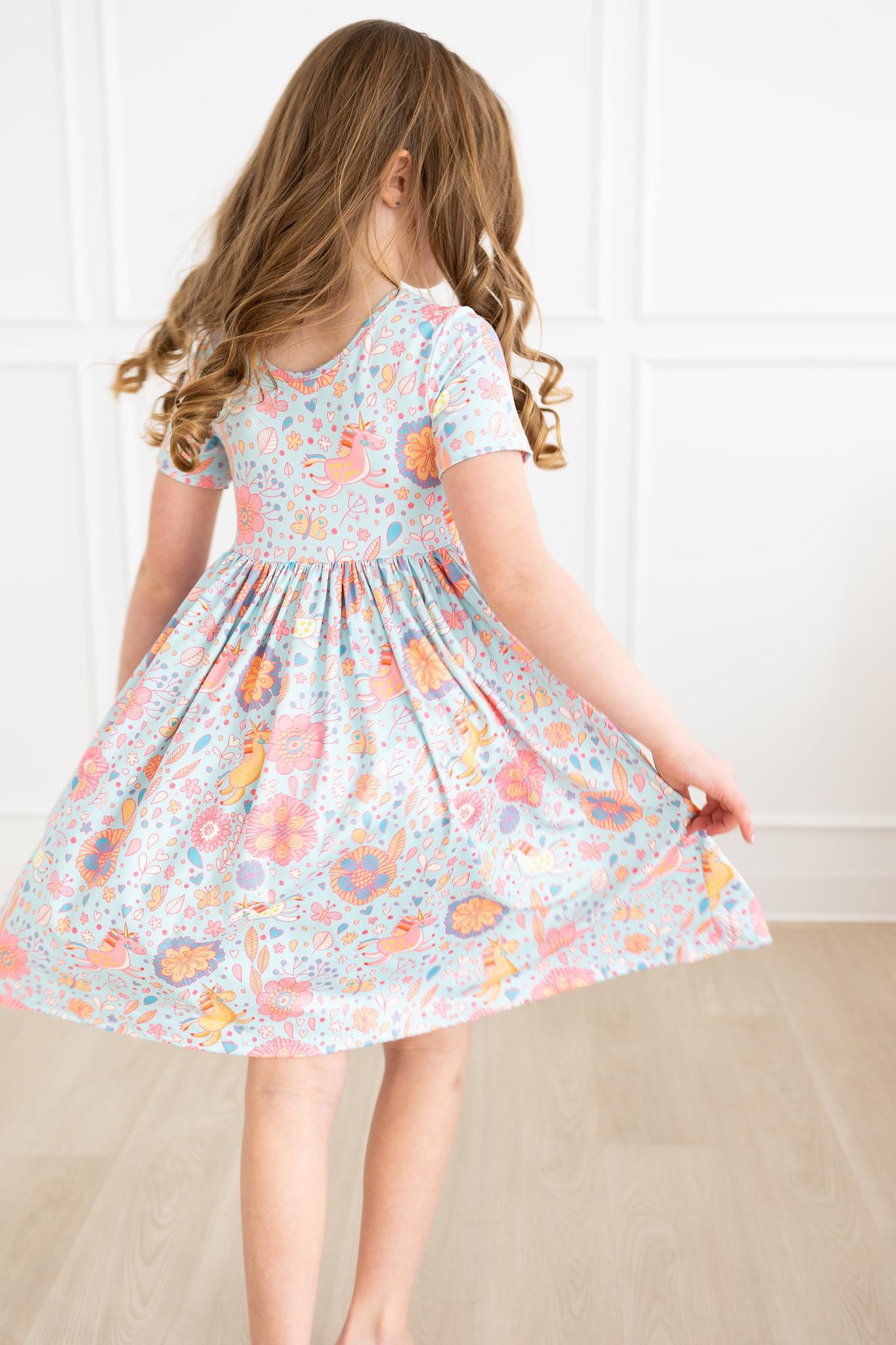 Blue Retro Unicorns S/S Pocket Twirl Dress - Mila & Rose ®