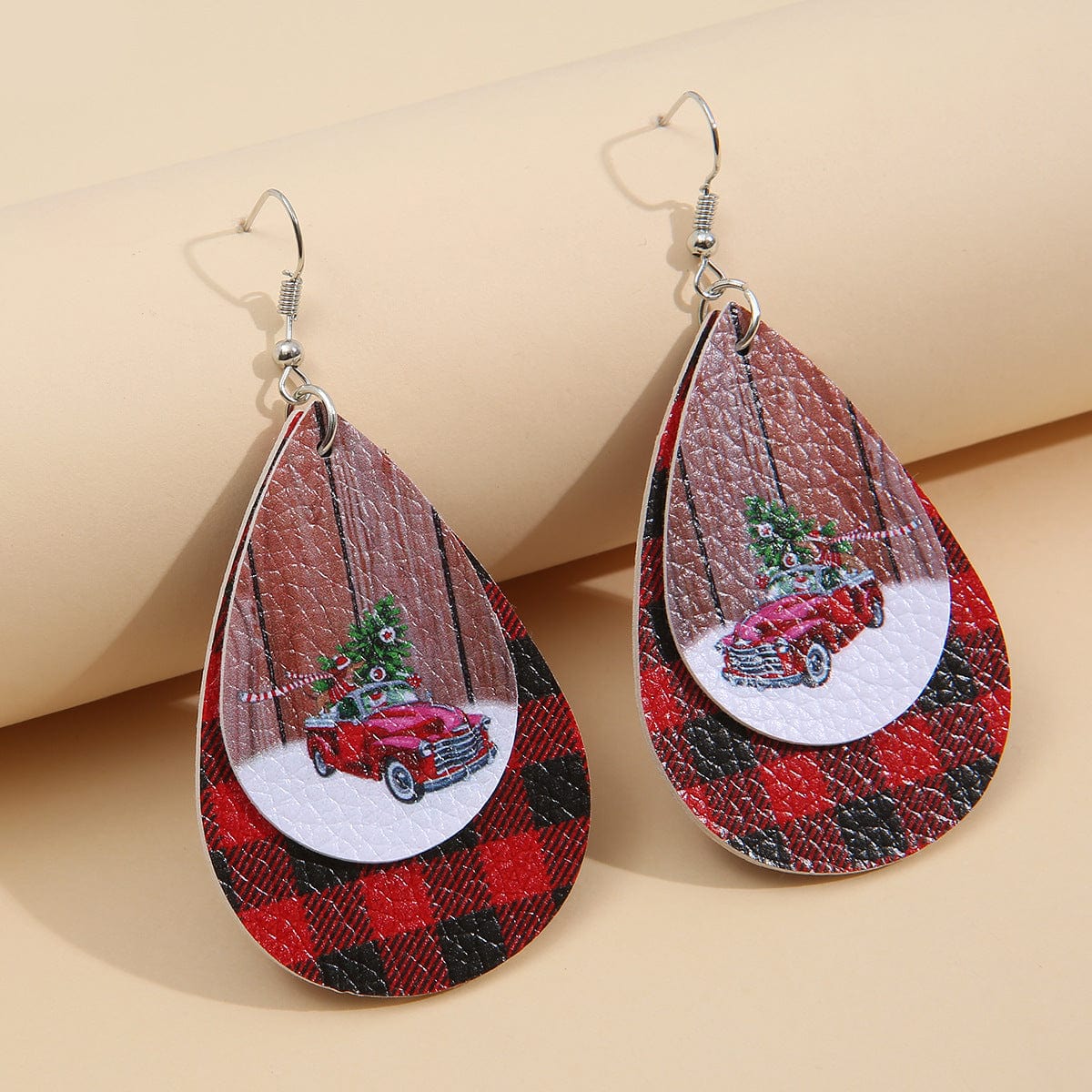 PU Leather Plaid Teardrop Earrings - Trendsi