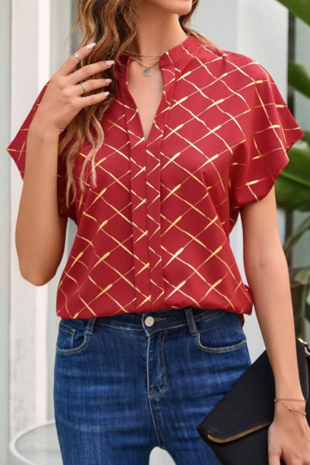 Printed Notched Short Sleeve Blouse - Flyclothing LLC