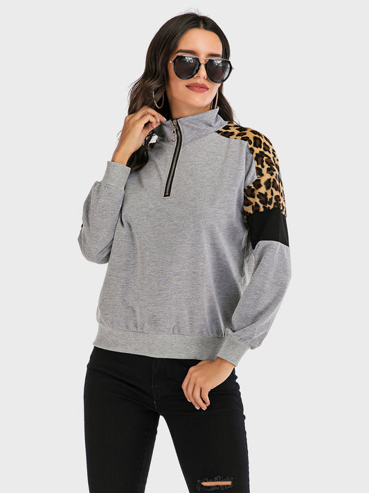 Sudadera de manga larga con media cremallera y estampado de leopardo en contraste Perfee