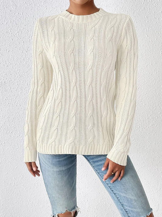 Cable-Knit Round Neck Sweater - Trendsi