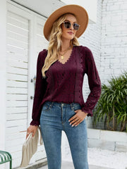 Lace V-Neck Flounce Sleeve Blouse - Flyclothing LLC