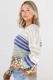 Leopard Striped Round Neck Crochet Knit Top - Trendsi