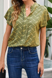 Printed Notched Short Sleeve Blouse - Flyclothing LLC