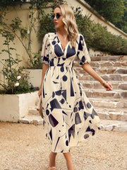 Smocked Printed V-Neck Half Sleeve Midi Dress