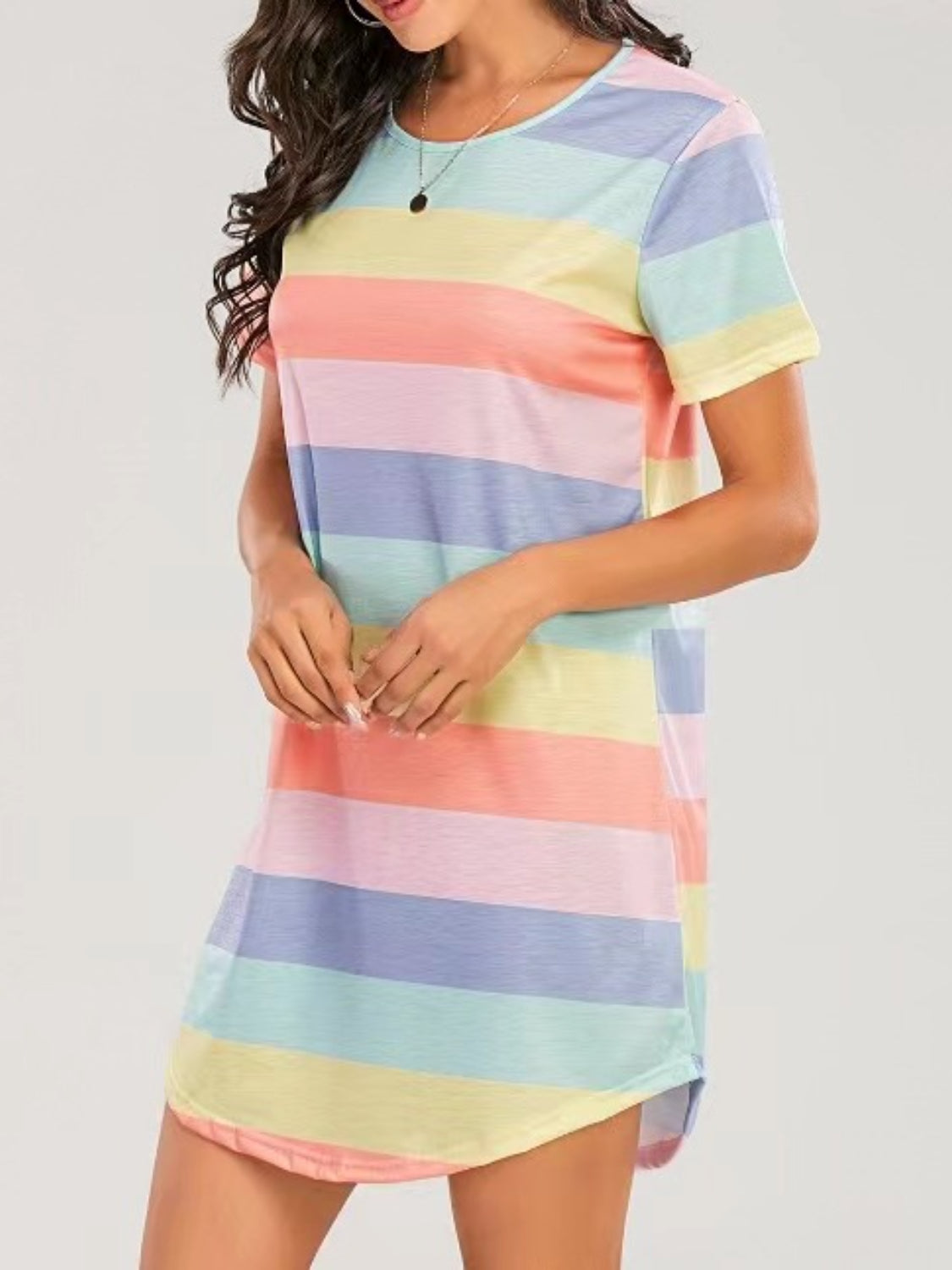 Striped Round Neck Short Sleeve Tee Dress Trendsi