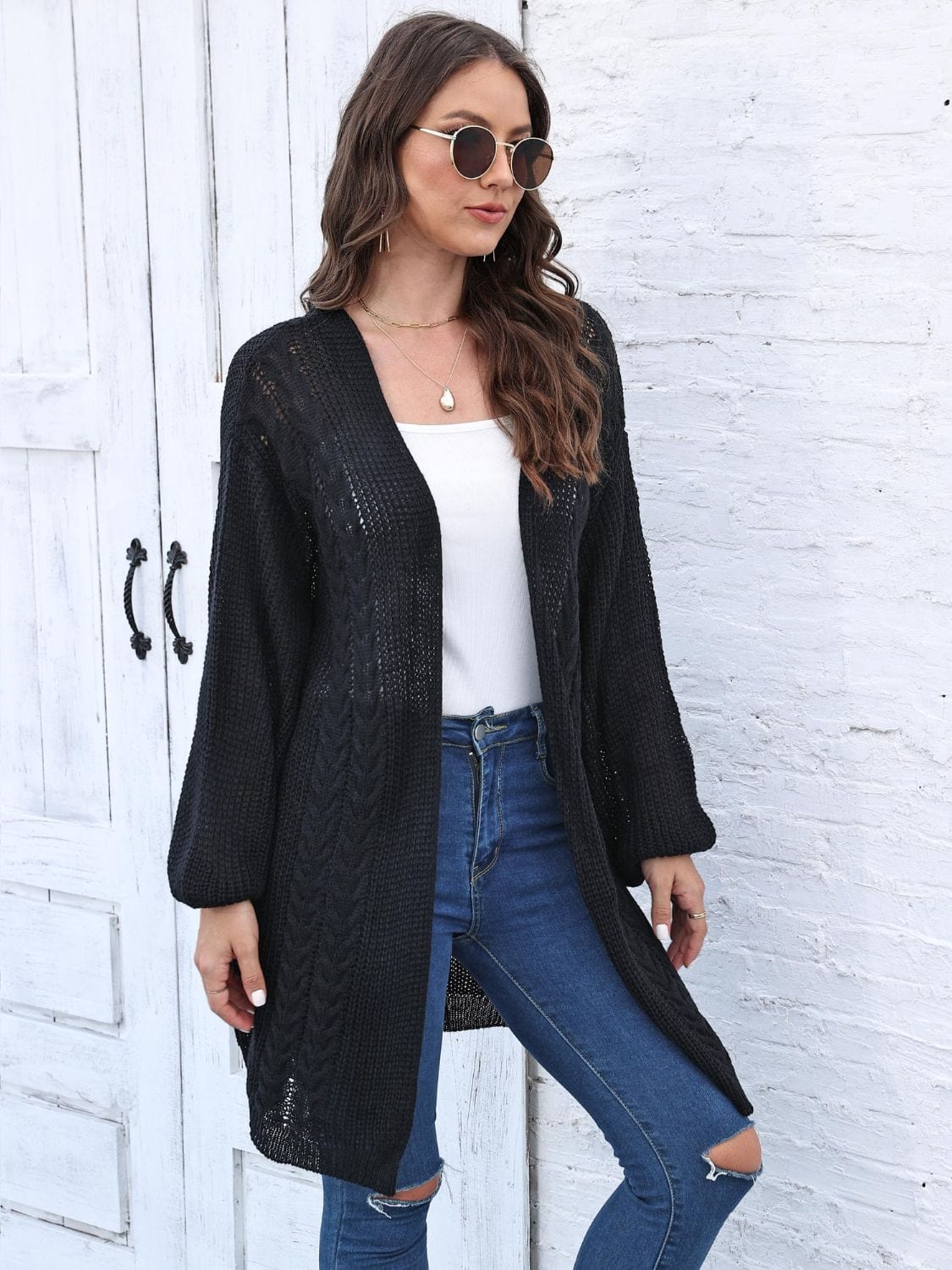 Cable-Knit Open Front Long Sleeve Cardigan - Trendsi