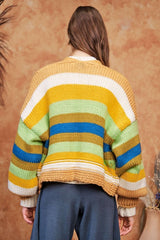 Davi & Dani Contrast Striped Open Front Lantern Sleeve Cardigan - Trendsi