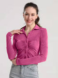 Ruched Button Up Long Sleeve T-Shirt - Flyclothing LLC