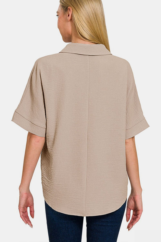 Blusa de manga corta con cuello y textura Zenana