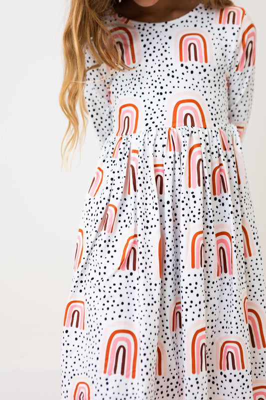 Peach Rainbow 3/4 Sleeve Pocket Twirl Dress