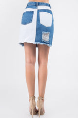 American Bazi Contrast Patched Frayed Denim Distressed Skirts - Trendsi