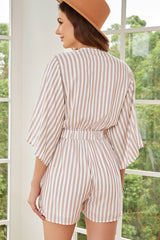 Tied Striped Three-Quarter Sleeve Romper Trendsi