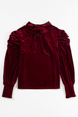 Mock Neck Puff Sleeve Velvet Blouse