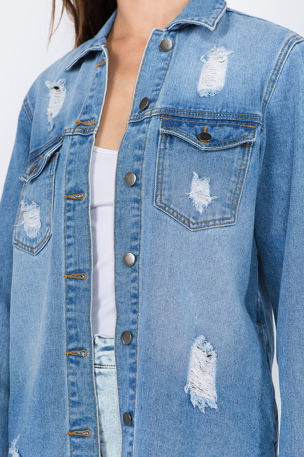 American Bazi Distressed Frayed Hem Denim Jacket - Trendsi