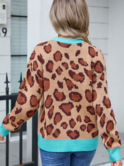 Leopard Round Neck Long Sleeve Sweater - Trendsi