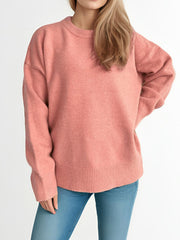 Round Neck Dropped Shoulder Long Sleeve Sweater - Trendsi