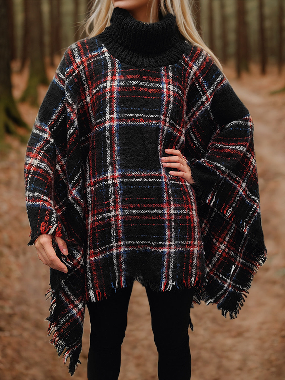 Turtleneck Plaid Raw Hem Sweater - Flyclothing LLC