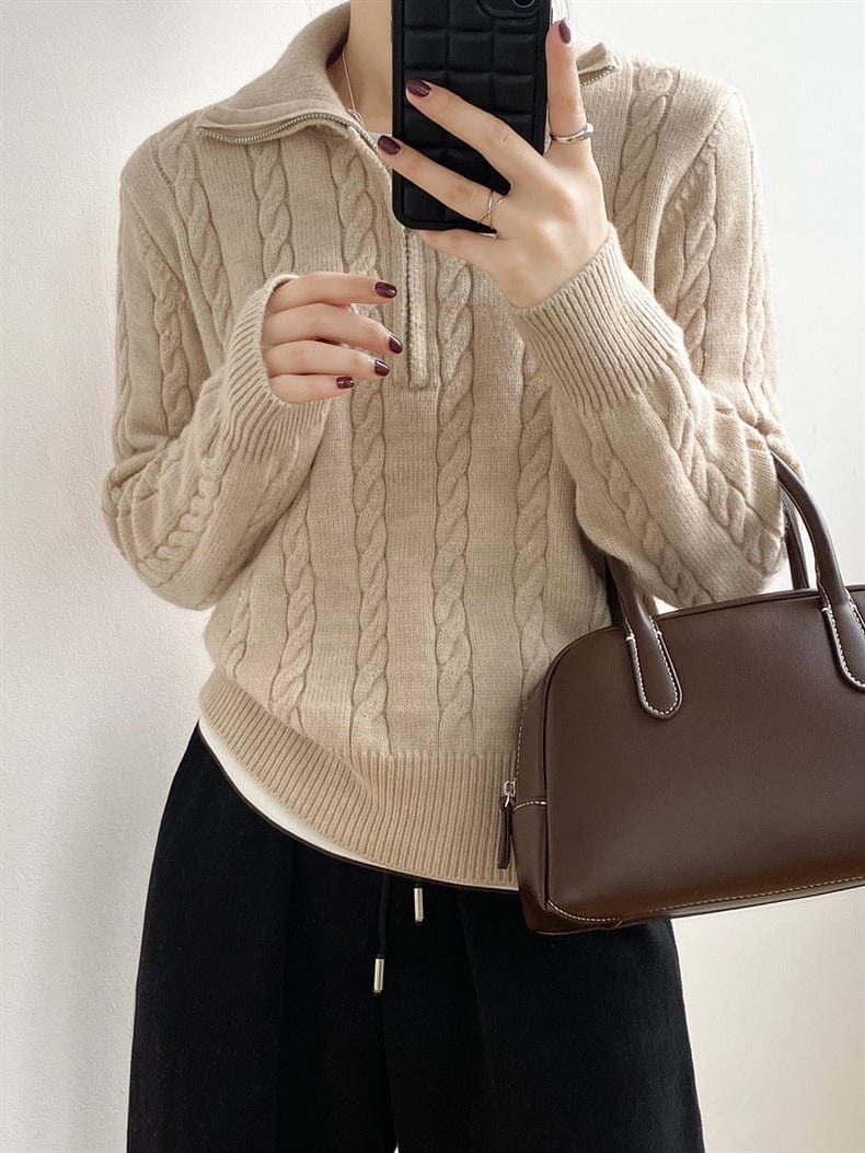 Cable-Knit Half Zip Long Sleeve Sweater - Trendsi