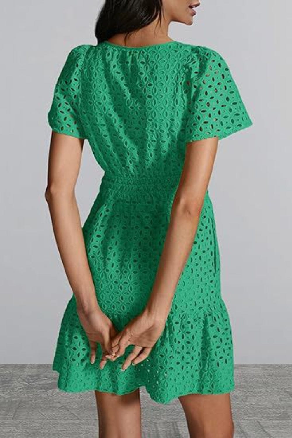 Eyelet Notched Short Sleeve Mini Dress - Trendsi