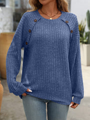 Decor Button Long Sleeve Ribbed T-Shirt - Trendsi