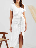 Ruched Slit V-Neck Short Sleeve Dress - Flyclothing LLC