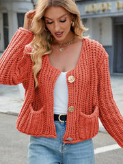 Round Neck Button Up Cardigan with Pockets