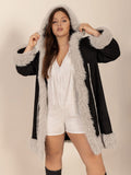 Plus Size Fuzzy Trim Open Front Long Sleeve Hooded Coat - Trendsi