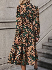 Leopard Notched Flounce Sleeve Midi Dress