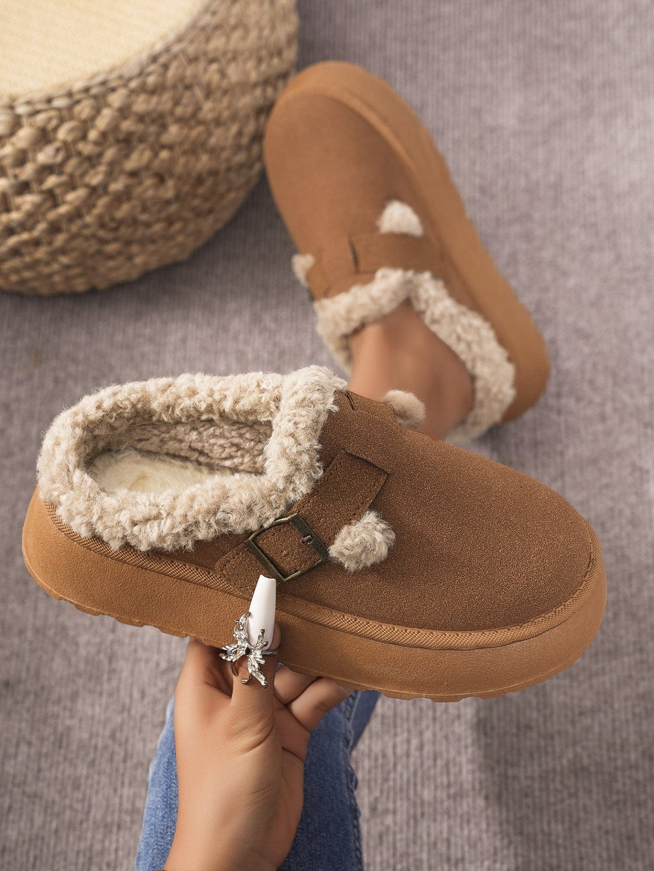 Thermal Fuzzy Buckle Platform Slippers - Trendsi