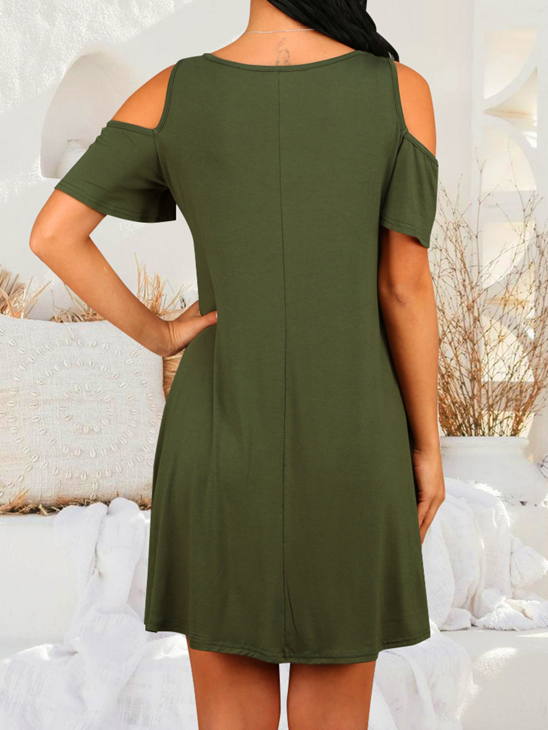 Round Neck Cold Shoulder Short Sleeve Dress - Flyclothing LLC