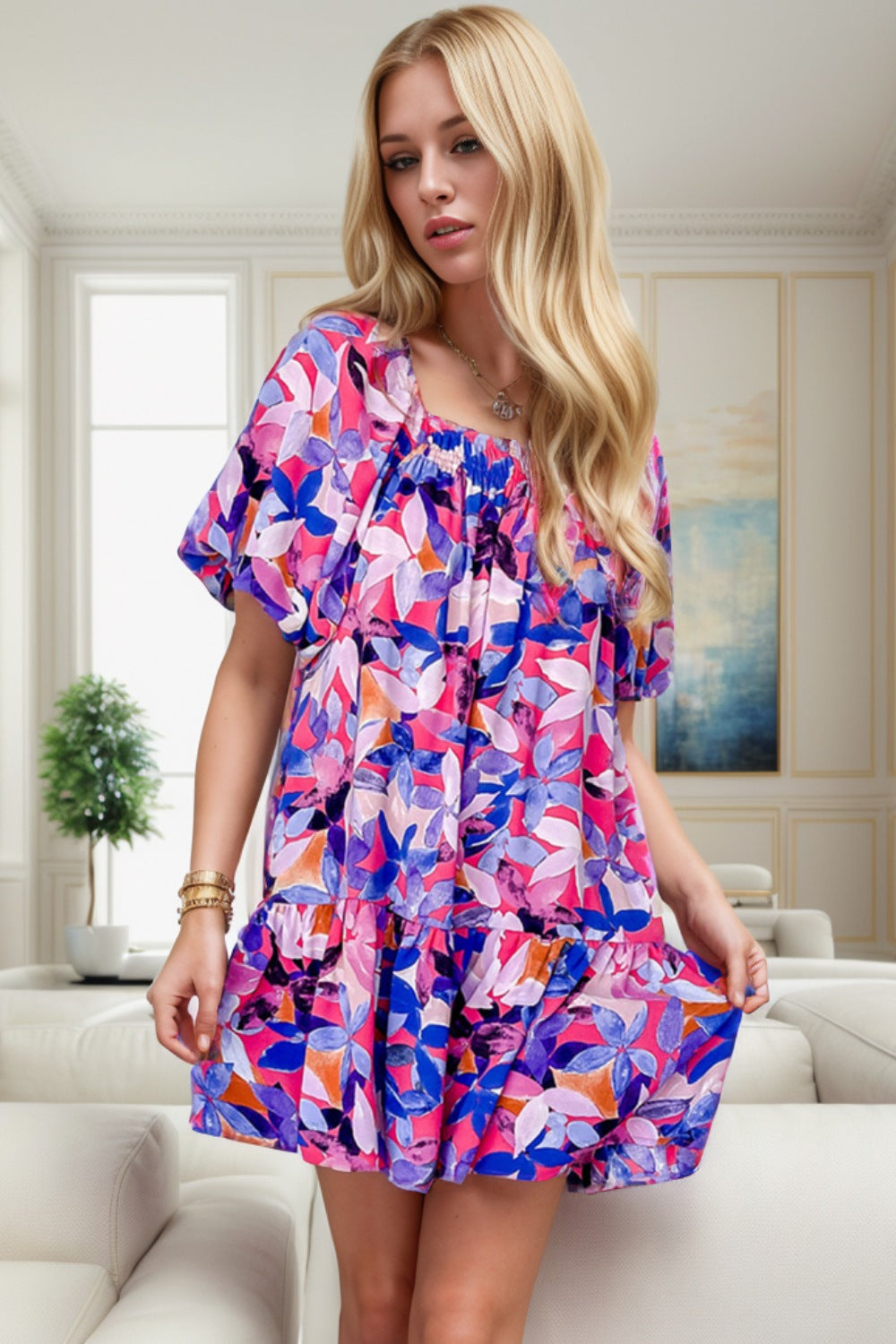 Printed Square Neck Short Sleeve Mini Dress Trendsi