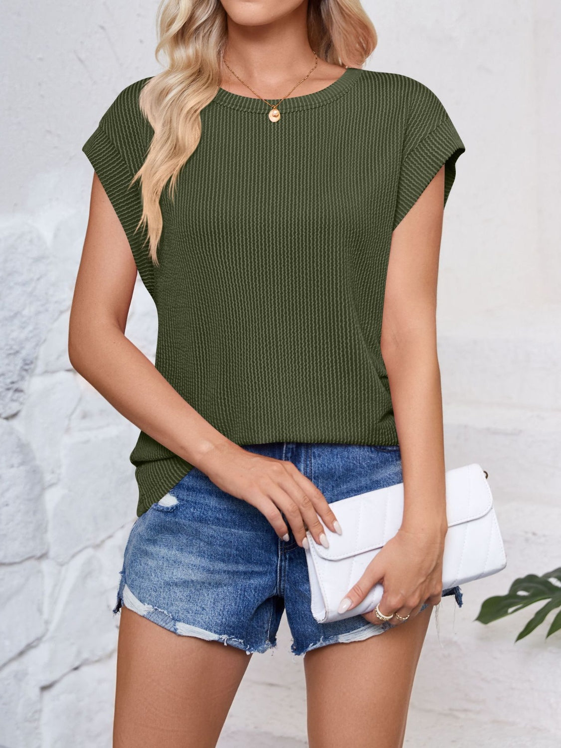 Textured Round Neck Cap Sleeve Blouse Trendsi