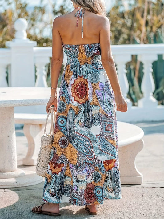 Printed Halter Neck Maxi Dress - Trendsi