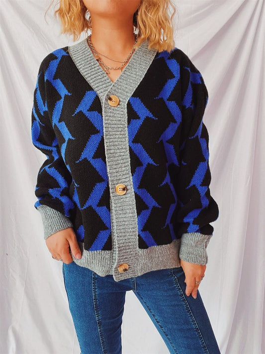 Contrast Trim Geometric V-Neck Long Sleeve Cardigan - Trendsi