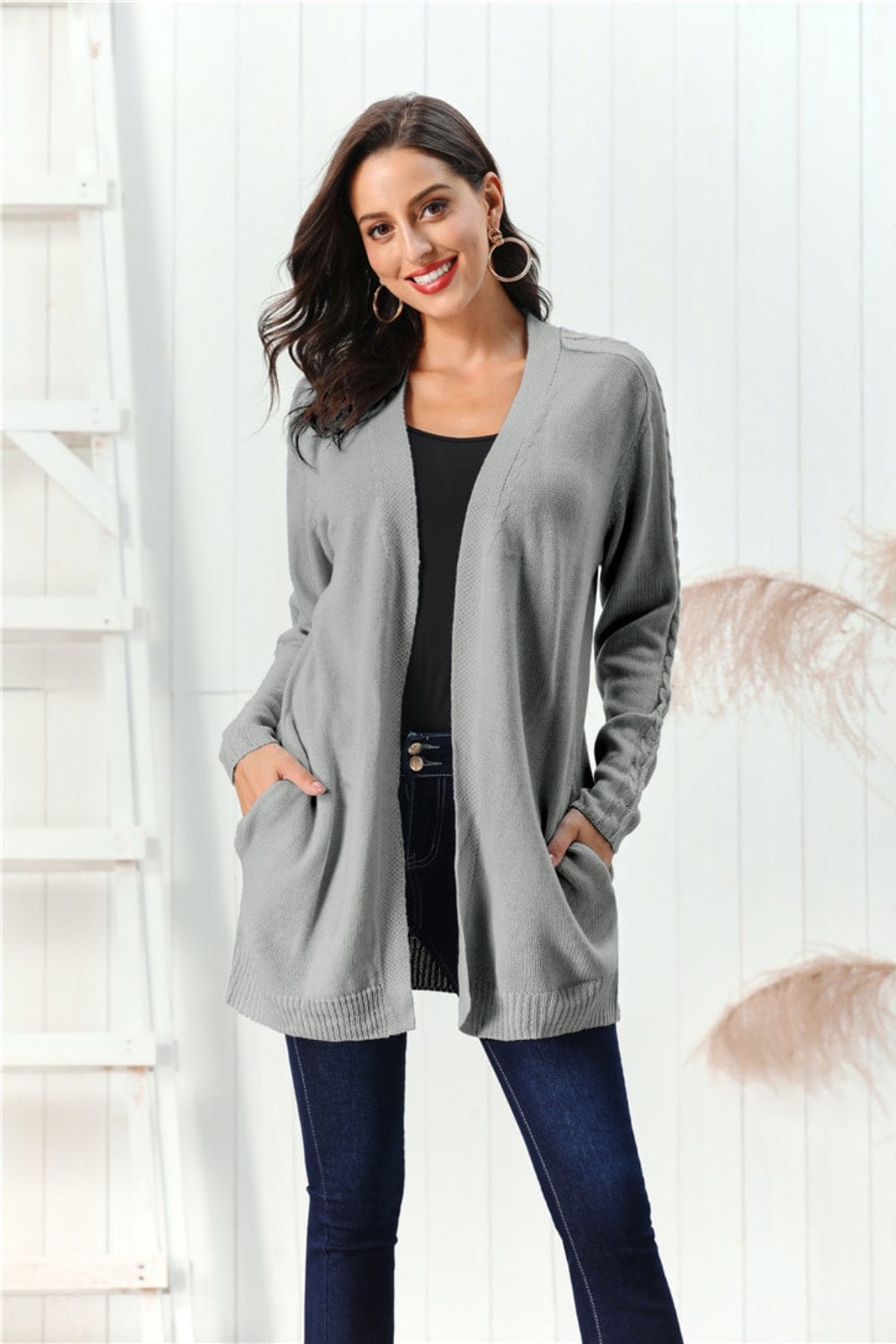 Cable-Knit Open Front Long Sleeve Cardigan - Trendsi