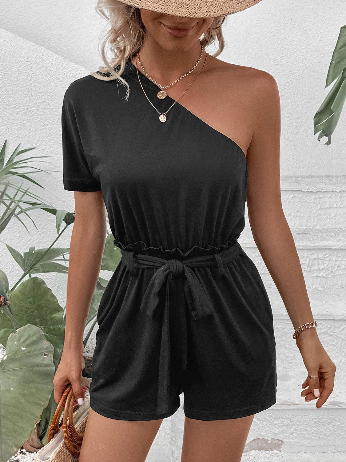 Single Shoulder Tie Waist Romper - Flyclothing LLC