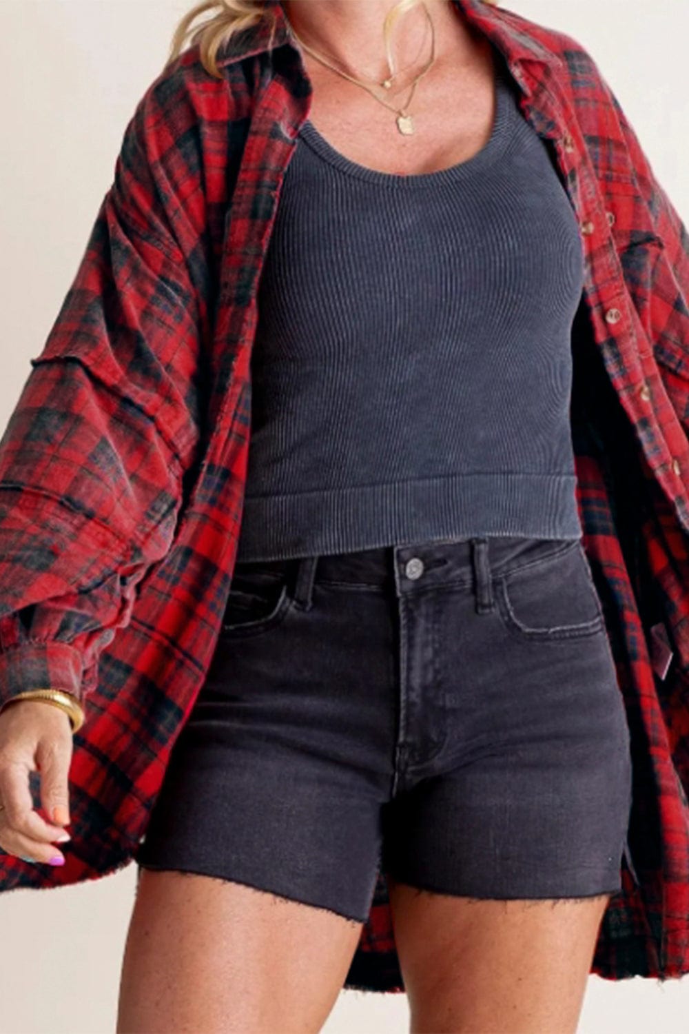 Exposed Seam Plaid Collared Neck Long Sleeve Shirt - Trendsi