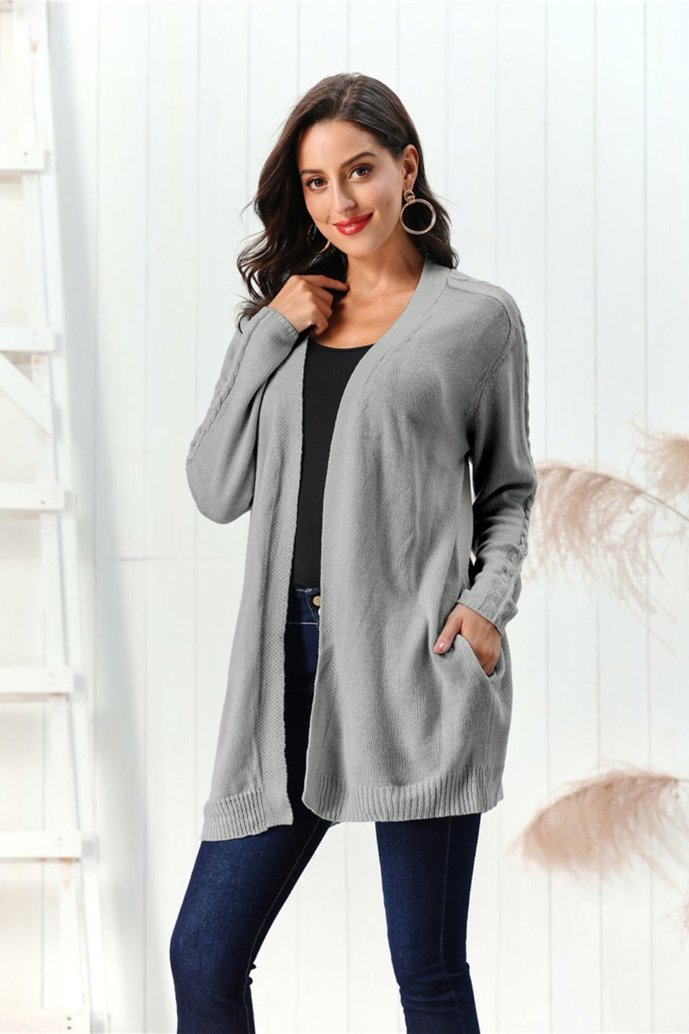 Cable-Knit Open Front Long Sleeve Cardigan - Trendsi