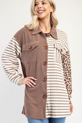 Celeste Full Size Leopard Contrast Button Up Shacket - Trendsi