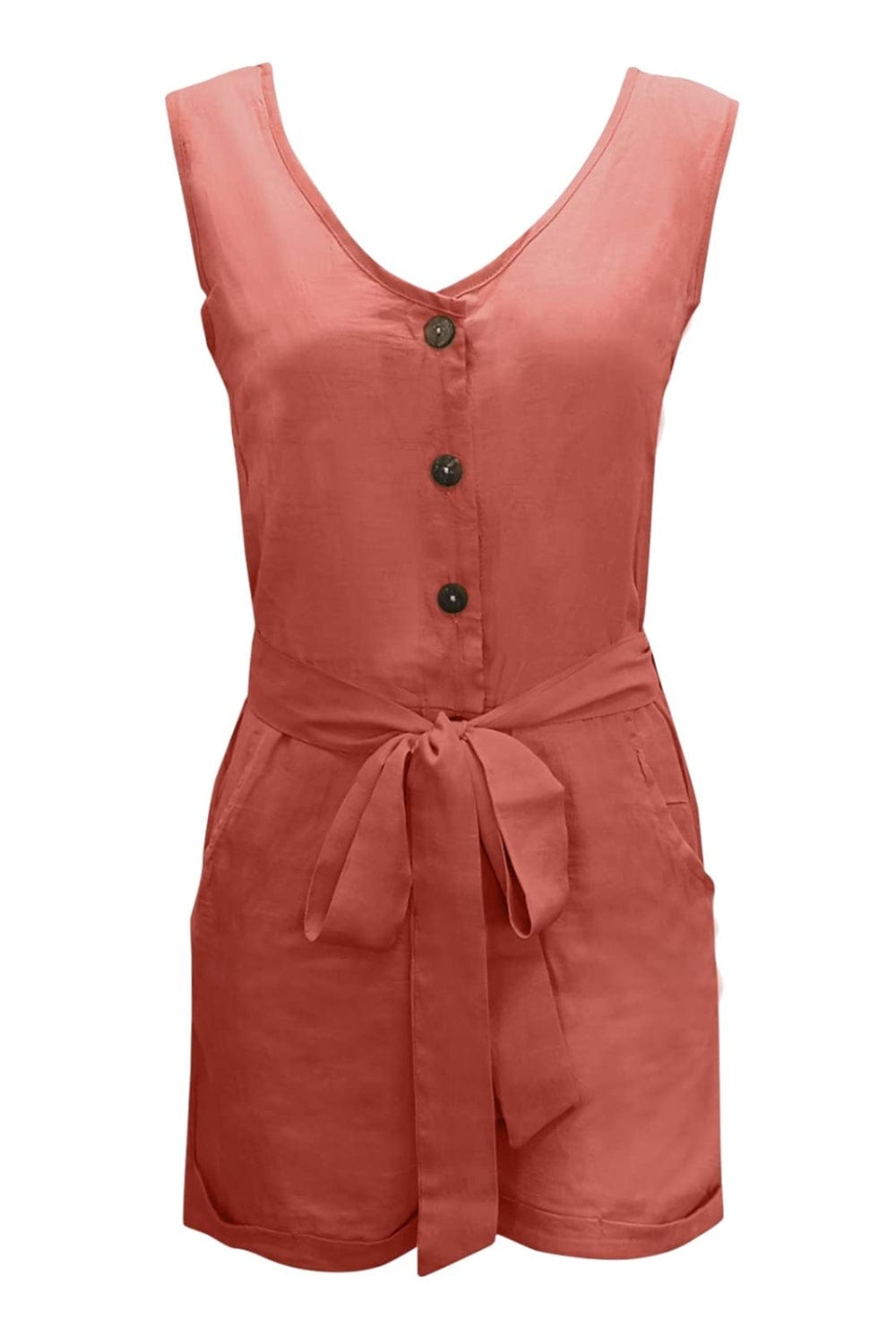 Full Size Tied V-Neck Sleeveless Romper with Pockets - Trendsi