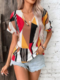 Printed V-Neck Short Sleeve Blouse - Flyclothing LLC