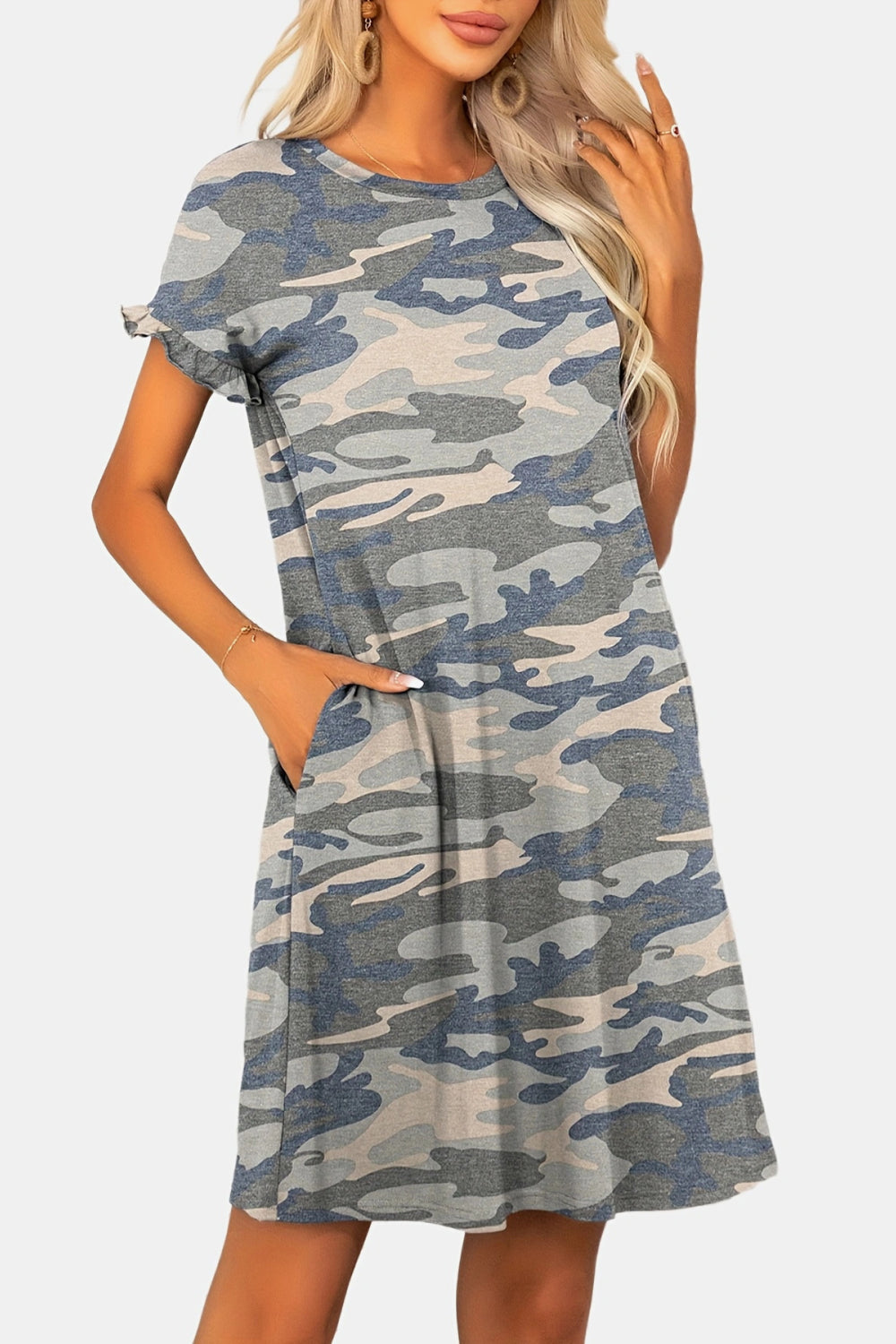 Flounce Sleeve Round Neck Dress with Pockets - Flyclothing LLC