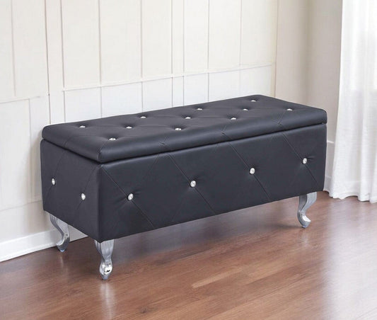 38" Black and Silver Faux Leather Storage Bench With Flip Top - Homeroots