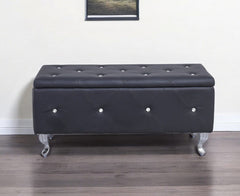 38" Black and Silver Faux Leather Storage Bench With Flip Top