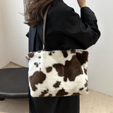 Cow Print Furry Tote Bag - Trendsi