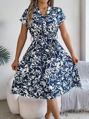 Printed V-Neck Short Sleeve Dress Trendsi