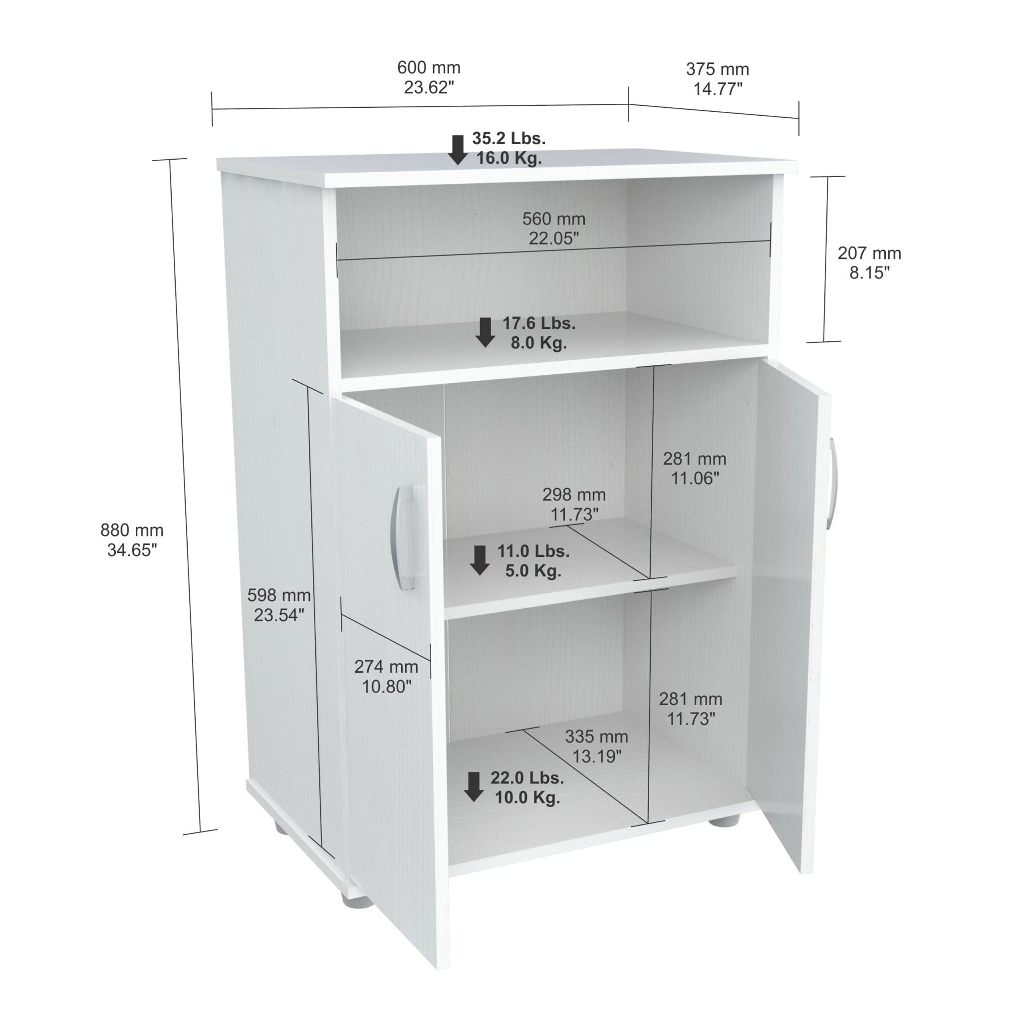 White Finish Wood Microwave Cart With Cabinet